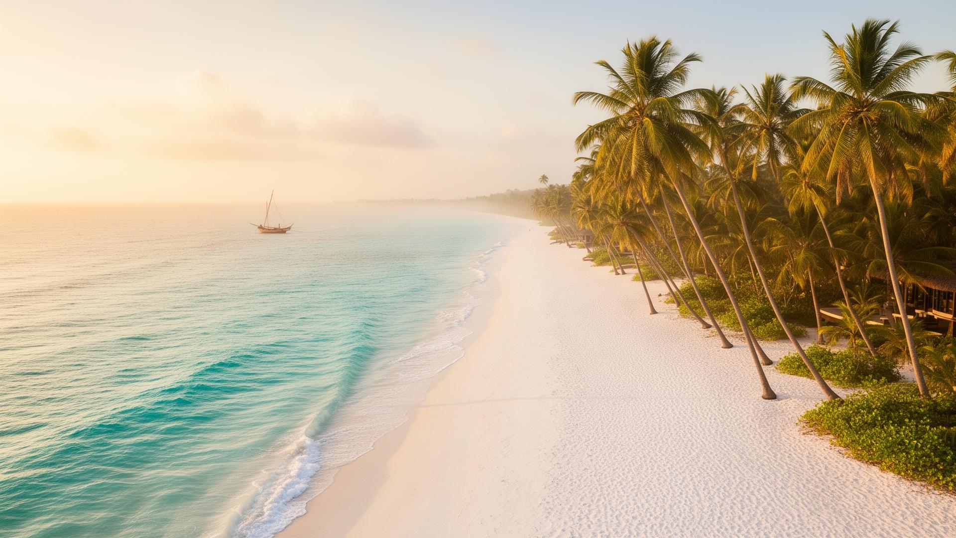 A quiet Mozambican beach at golden hour with leaning palms