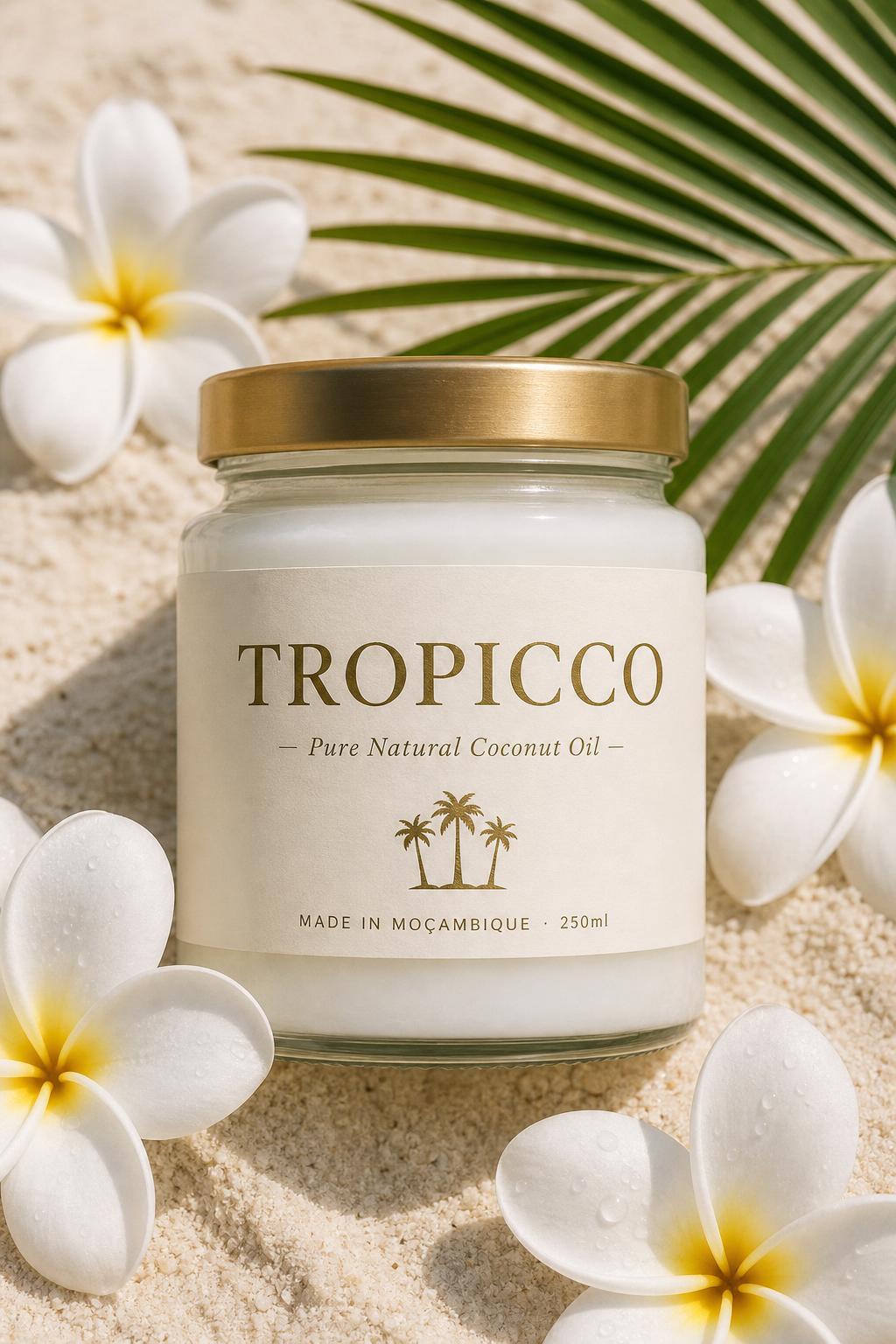 Tropicco coconut oil jar laid on sand with frangipani